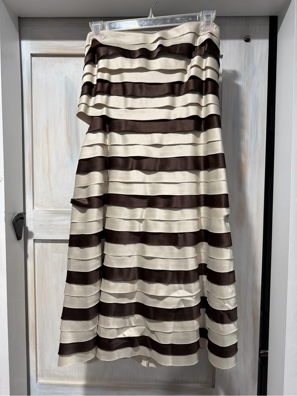 Eliza J Strapless Cream and Brown Striped Midi Dress - Picture 2 of 6